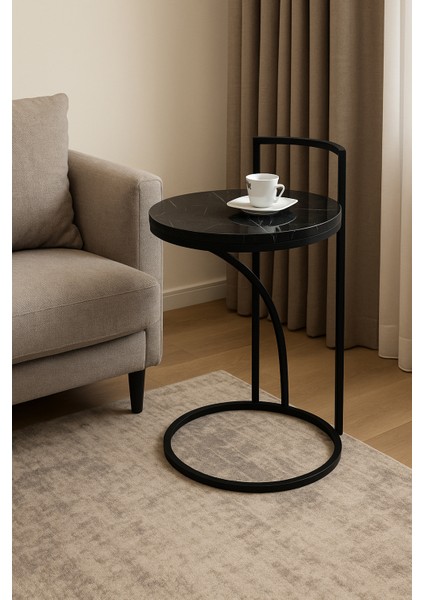 Vip Koltuk Içine Giren C Yan Sehpa Metal Iskelet Ahşap Siyah Mermer Desenli Tabla modelleri