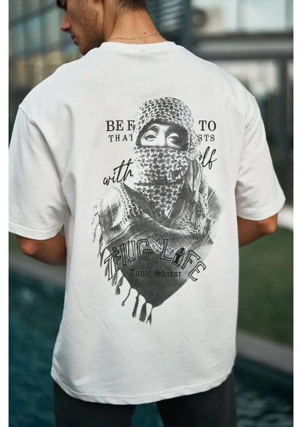 Unisex Baskılı Oversize T-Shirt - Beyaz