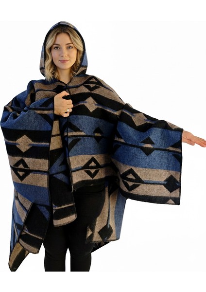 Mavi Bej Siyah Etnik Desenli Yünlü Sıcak Tutan Kapüşonlu Unisex Kampçı Panço Kışlık Şal