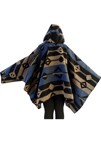 Mavi Bej Siyah Etnik Desenli Yünlü Sıcak Tutan Kapüşonlu Unisex Kampçı Panço Kışlık Şal modelleri