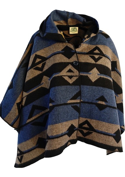 Mavi Bej Siyah Etnik Desenli Yünlü Sıcak Tutan Kapüşonlu Unisex Kampçı Panço Kışlık Şal fırsatları