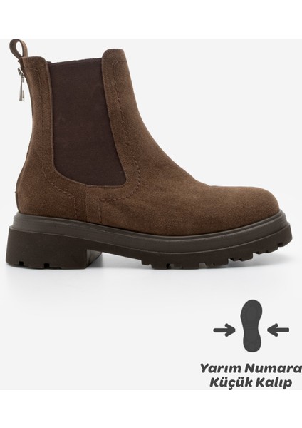 Kadın Lastikli Fermuar Aksesuarlı Tırtıklı Kalın Taban Günlük Bot Rupit Kahve Süet modelleri