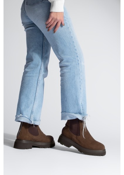 Kadın Lastikli Fermuar Aksesuarlı Tırtıklı Kalın Taban Günlük Bot Rupit Kahve Süet fırsatları