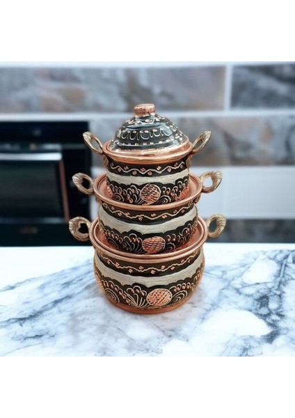 Mini Bakır Tencere 18*8 cm Mini Süs Tencere 3'lü Süs Biblo Tencere Minyatur Tencere