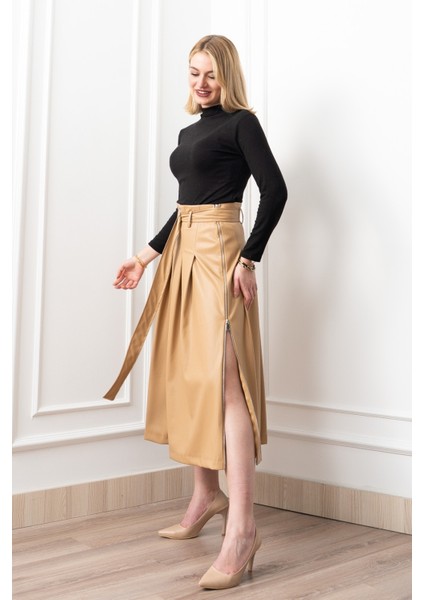 Double Zip Kuşaklı Deri Etek 6821