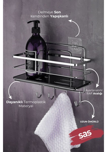 4 Kancalı Yapışkanlı Ayarlanabilir Banyo Rafı – Paslanmaz Metal Kristal Şampuanlık (Yapıştır/vidala) Krom-Siyah - Lş-01 - Kskk fiyatları