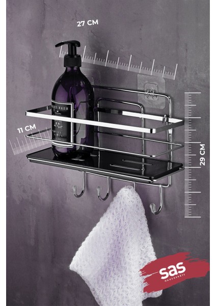 4 Kancalı Yapışkanlı Ayarlanabilir Banyo Rafı – Paslanmaz Metal Kristal Şampuanlık (Yapıştır/vidala) Krom-Siyah - Lş-01 - Kskk modelleri
