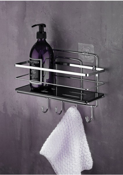 4 Kancalı Yapışkanlı Ayarlanabilir Banyo Rafı – Paslanmaz Metal Kristal Şampuanlık (Yapıştır/vidala) Krom-Siyah - Lş-01 - Kskk indirimleri