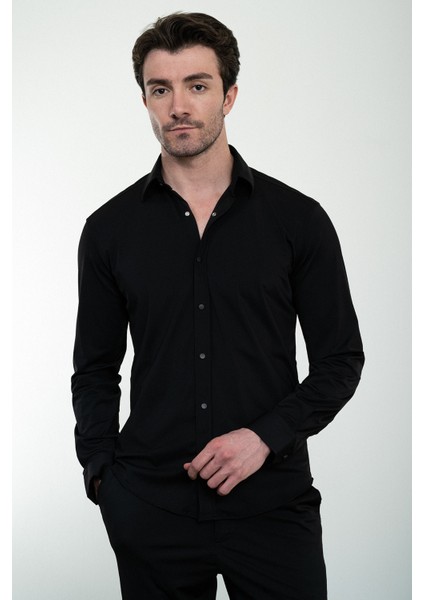 Düz Siyah Slim Fit Çıtçıtlı Erkek Gömlek Pantolon Takım modelleri