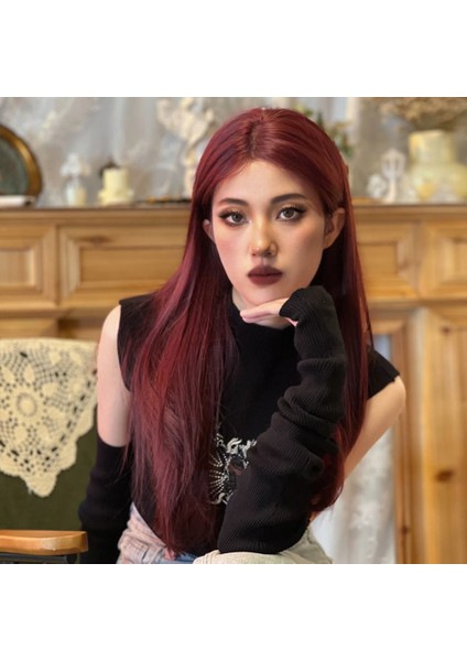 Kızıl Kahverengi Düz Tül Peruk