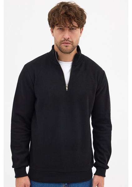 Erkek Siyah Standart Fit Normal Kesim Pamuklu Yarım Fermuarlı Dik Yaka Pamuklu Sweatshirt