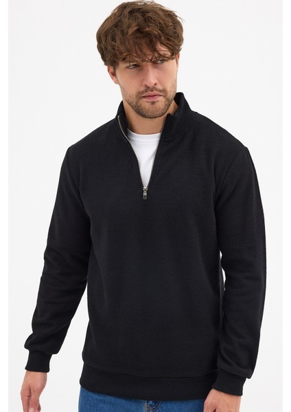 Erkek Siyah Standart Fit Normal Kesim Pamuklu Yarım Fermuarlı Dik Yaka Pamuklu Sweatshirt fiyatları