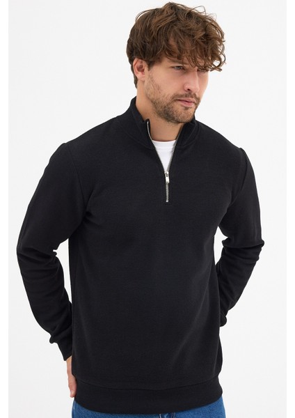 Erkek Siyah Standart Fit Normal Kesim Pamuklu Yarım Fermuarlı Dik Yaka Pamuklu Sweatshirt modelleri