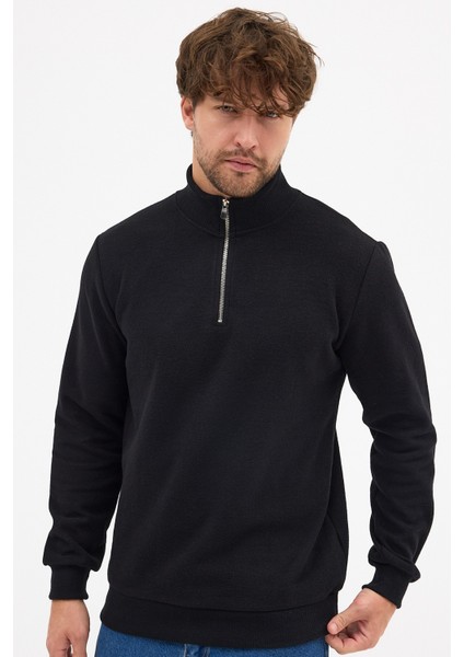 Erkek Siyah Standart Fit Normal Kesim Pamuklu Yarım Fermuarlı Dik Yaka Pamuklu Sweatshirt indirimleri