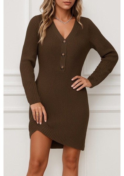 Kadın Uzun Kollu V Yakalı Önden Düğmeli Kısa Triko Elbise