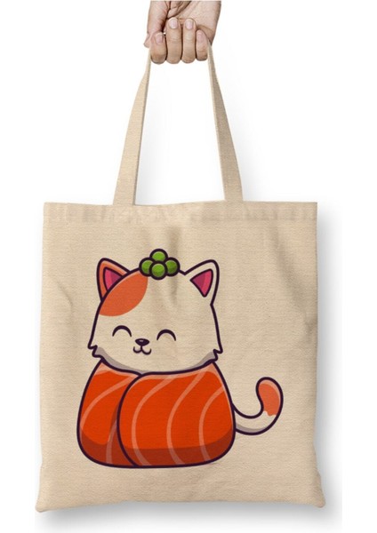 Cute Cat Sushi Salmon V2 Beyaz Bez Çanta Uzun Saplı Alışveriş Çantası Plaj Çantası