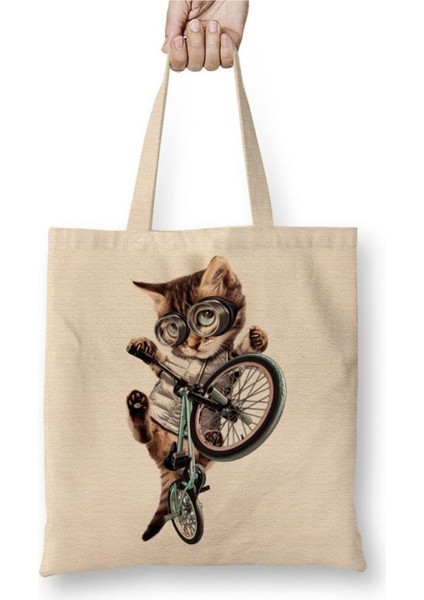 Bisikletli Kedi Cat Beyaz Bez Çanta Uzun Saplı Alışveriş Çantası Plaj Çantası