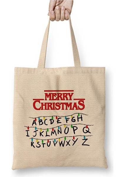 Stranger Things Christmas Yılbaşı Bez Çanta Uzun Saplı Alışveriş Çantası Plaj Çantası