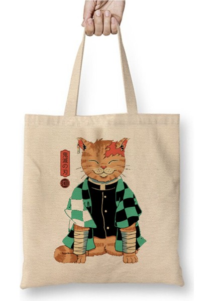 Demon Slayer Tanjiro Kedi Beyaz Bez Çanta Uzun Saplı Alışveriş Çantası Plaj Çantası