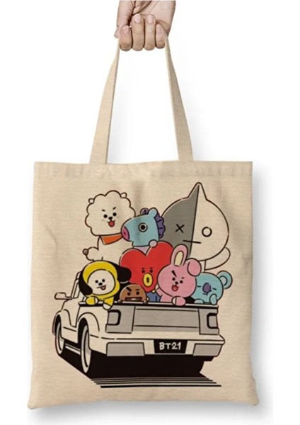 Bts BT21 Beyaz Bez Çanta Uzun Saplı Alışveriş Çantası Plaj Çantası