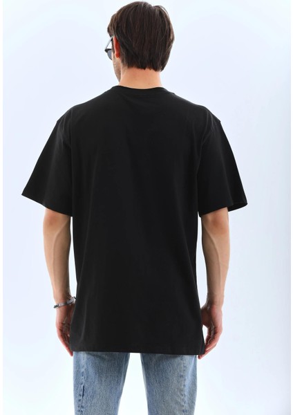 Unisex Oversize Taşlı Bisiklet Yaka T-Shirt - Siyah fiyatları