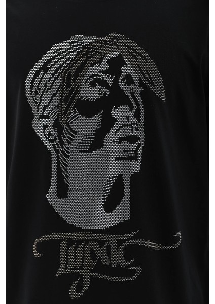 Unisex Oversize Taşlı Bisiklet Yaka T-Shirt - Siyah modelleri