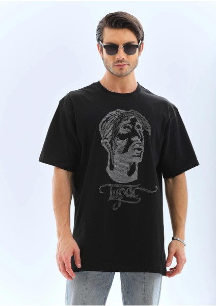 Unisex Oversize Taşlı Bisiklet Yaka T-Shirt - Siyah indirimleri