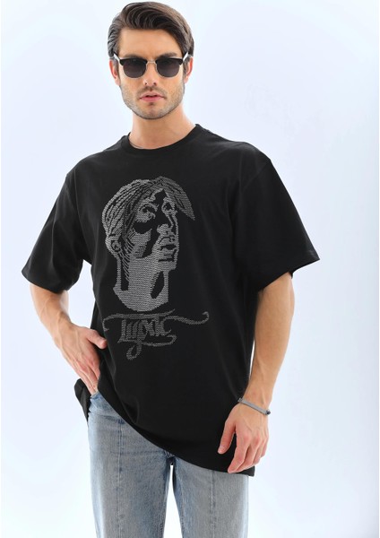 Unisex Oversize Taşlı Bisiklet Yaka T-Shirt - Siyah