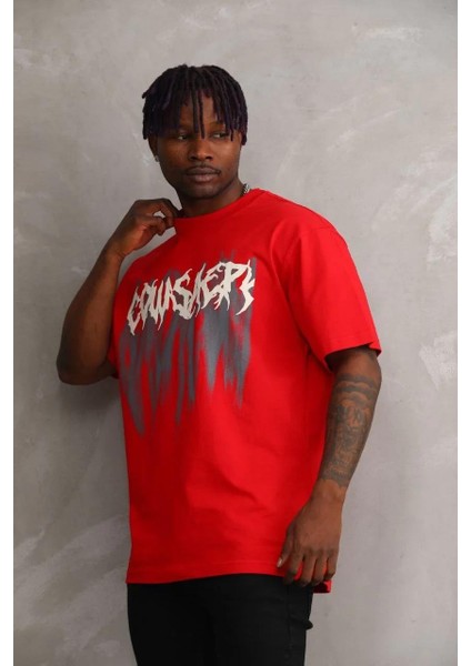 Unisex Baskılı Oversize T-Shirt - Kırmızı