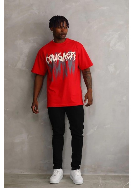 Unisex Baskılı Oversize T-Shirt - Kırmızı indirimleri