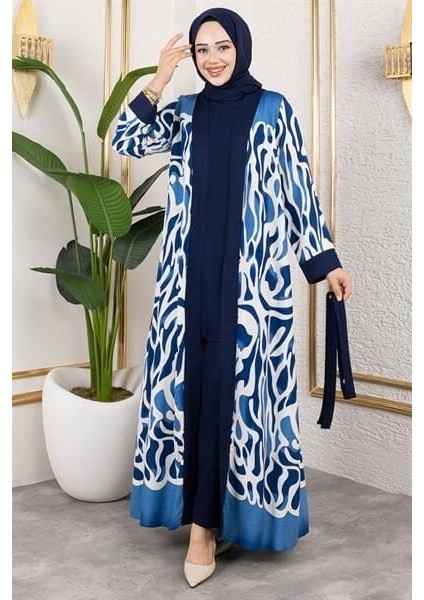 Desenli Üçlü Viskon Takım Indi̇go - 52