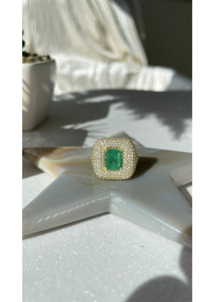 Altın Kaplama Kare Model Yeşil Paraiba Taşlı Yüzük 925 Ayar Gümüş