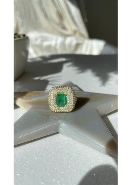 Altın Kaplama Kare Model Yeşil Paraiba Taşlı Yüzük 925 Ayar Gümüş fiyatları