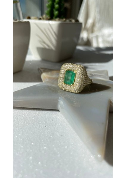 Altın Kaplama Kare Model Yeşil Paraiba Taşlı Yüzük 925 Ayar Gümüş modelleri