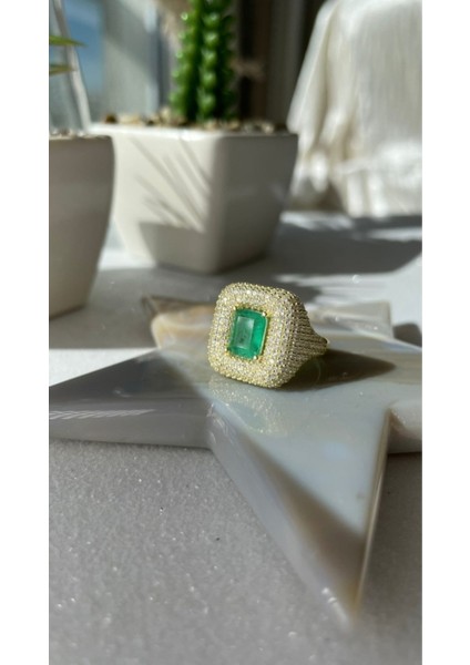 Altın Kaplama Kare Model Yeşil Paraiba Taşlı Yüzük 925 Ayar Gümüş indirimleri