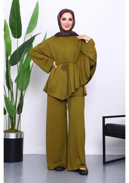 Yağ Yeşili Pelerin Detaylı Tunik Pantolonlu Takım