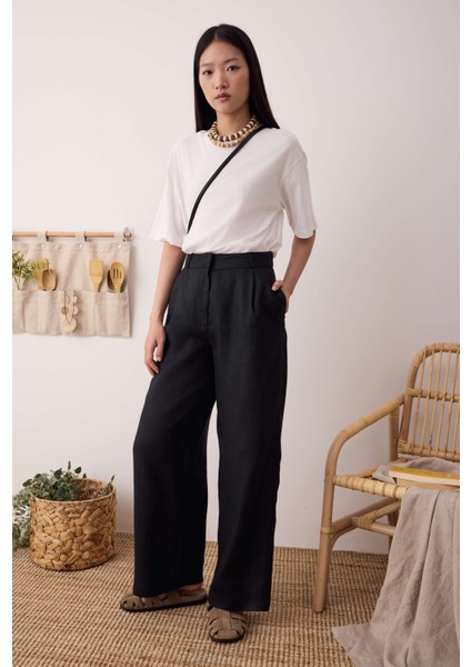 Pileli Basic Keten Pantolon Siyah indirimleri