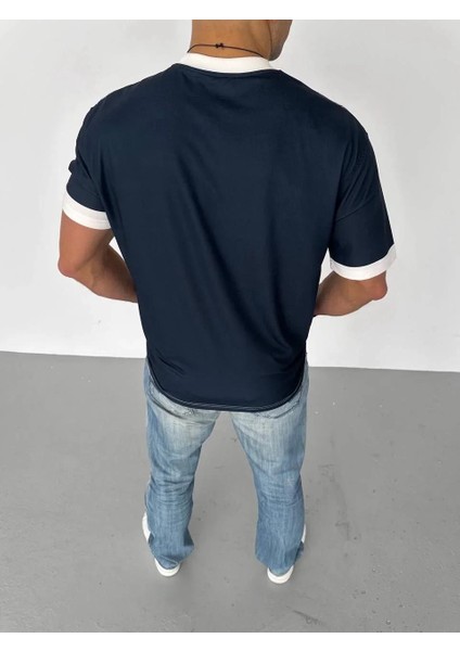 Unisex Bisiklet Yaka Baskılı Oversize T-Shirt - Siyah