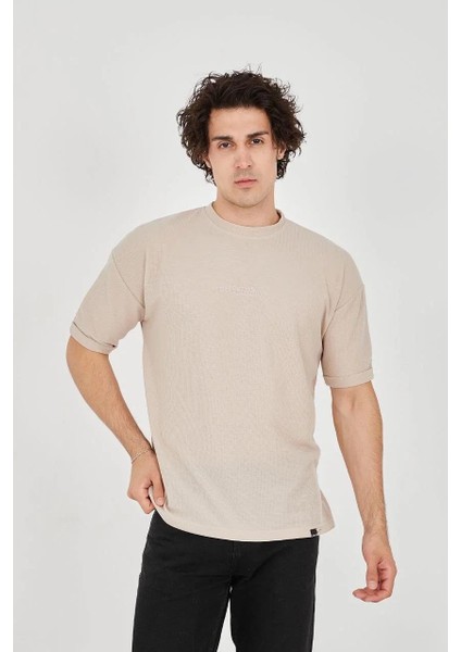 Unisex Waffle Kumaş Rahat Kol T-Shirt - Bej fiyatları
