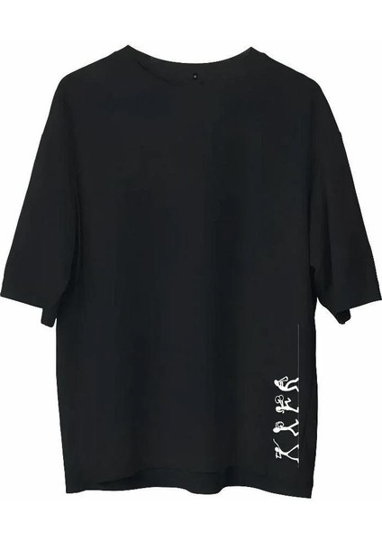 Unisex Bisiklet Yaka Baskılı Oversize T-Shirt - Siyah