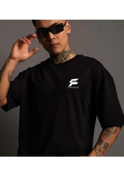 Unisex Bisiklet Yaka Baskılı Oversize T-Shirt - Siyah fiyatları