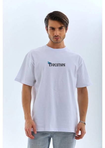 Unisex Bisiklet Yaka Baskılı Oversize T-Shirt - Beyaz
