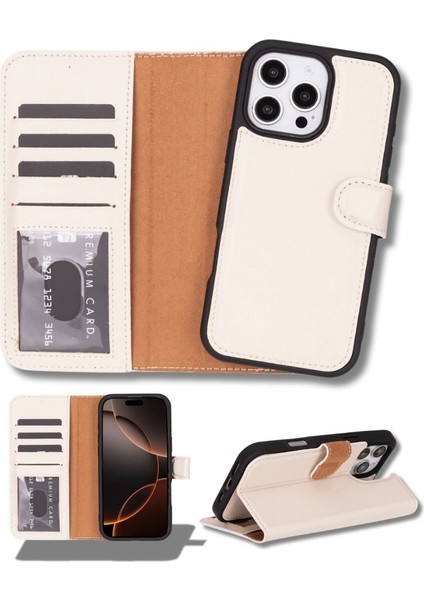Apple iPhone 16 Pro Uyumlu, Hakiki Deri, El Yapımı, Cüzdanlı Kılıf, Krem Renk