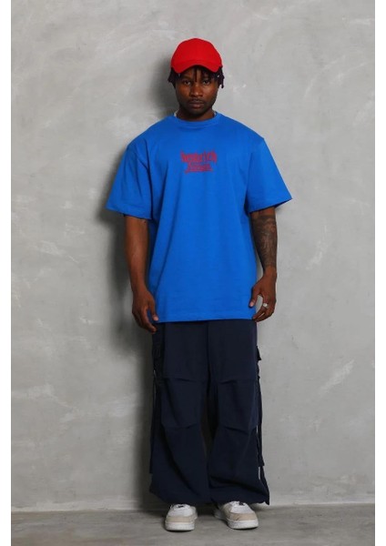 Unisex Oversize Baskılı Bisiklet Yaka T-Shirt - Mavi fiyatları