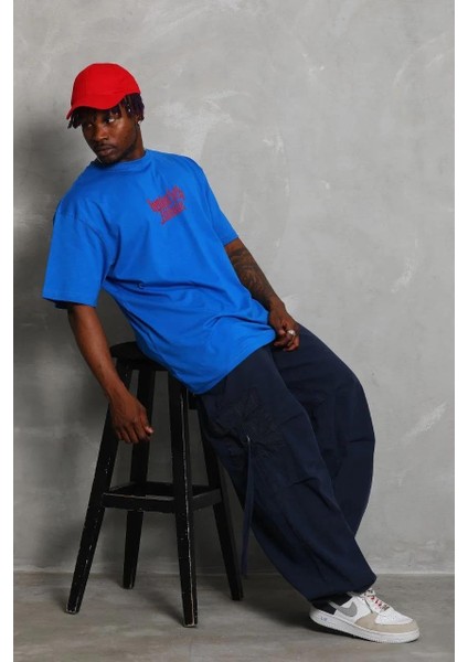 Unisex Oversize Baskılı Bisiklet Yaka T-Shirt - Mavi modelleri