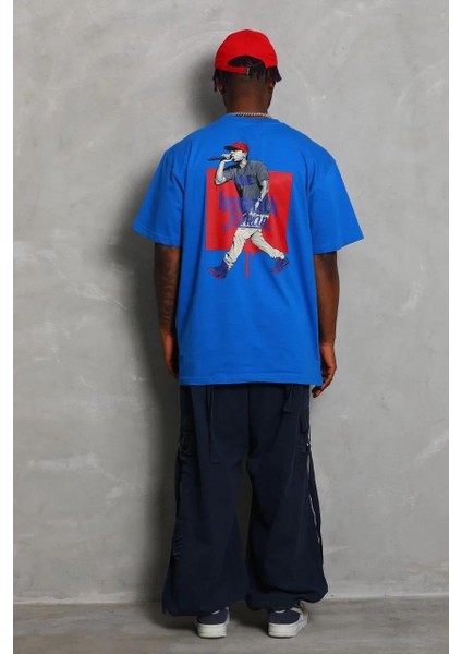 Unisex Oversize Baskılı Bisiklet Yaka T-Shirt - Mavi indirimleri