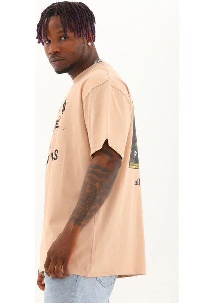 Unisex Oversize Baskılı Bisiklet Yaka T-Shirt - Bej modelleri