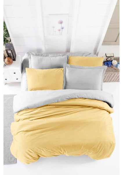 Çift Kişilik Lastikli Çarşaflı Nevresim Takımı Pamuklu Four Season Hardal Gri