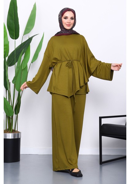 Yağ Yeşili Pelerin Detaylı Tunik Pantolonlu Takım fiyatları