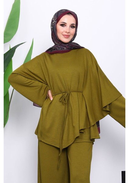 Yağ Yeşili Pelerin Detaylı Tunik Pantolonlu Takım fırsatları